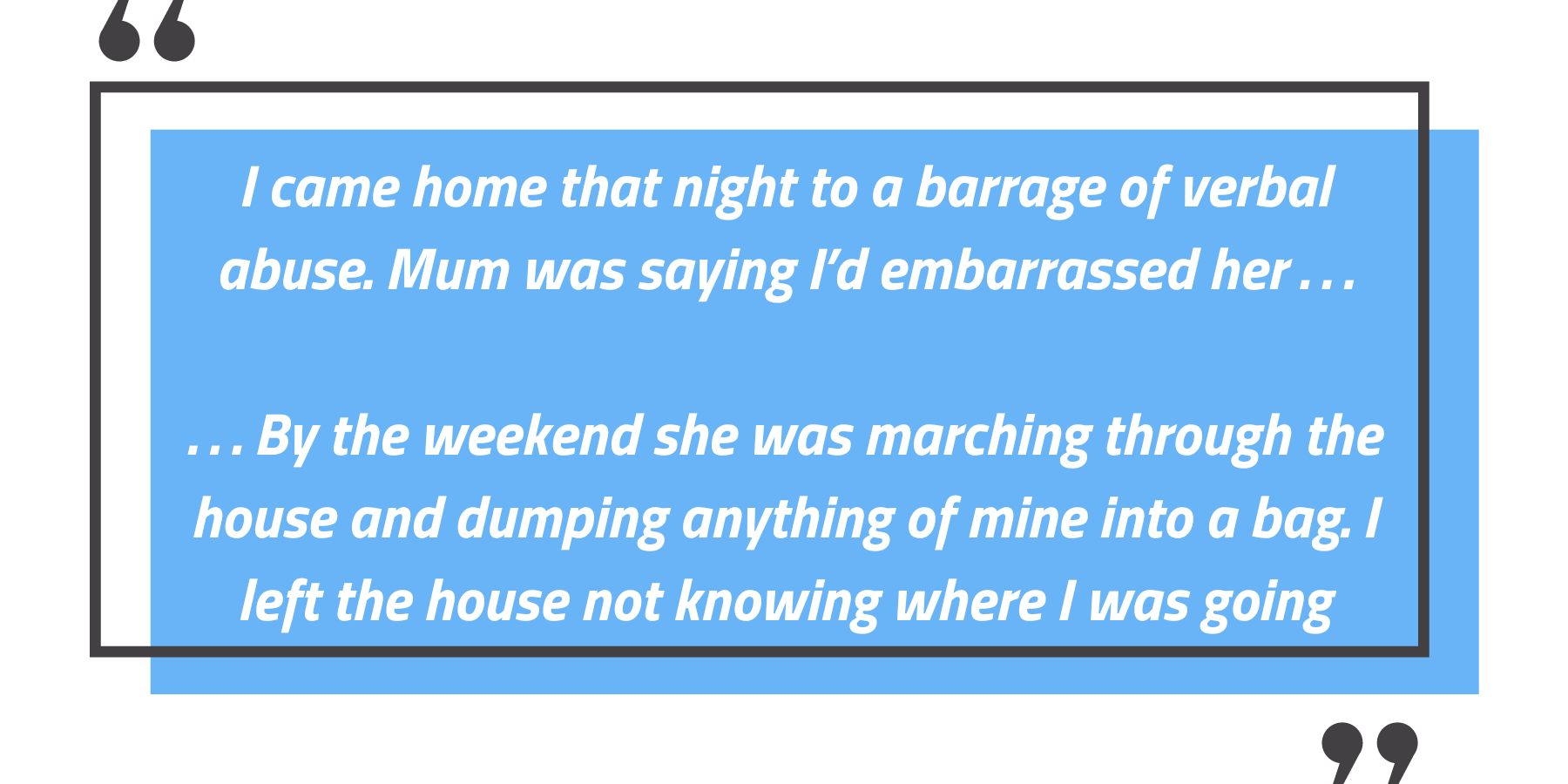 Quote reads, 'I came home that night to a barrage of verbal abuse. Mum was saying I’d embarrassed her . . .

. . . By the weekend she was marching through the house and dumping anything of mine into a bag. I left the house not knowing where I was going' - LGBTQIA and sleeping rough